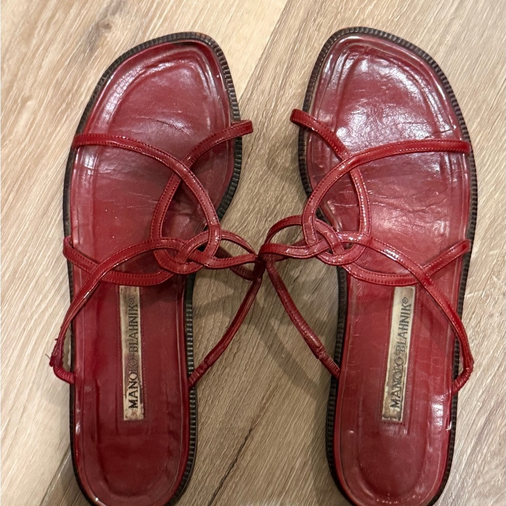 Manolo Blahnik Red Knotted Strappy Leather Sandals